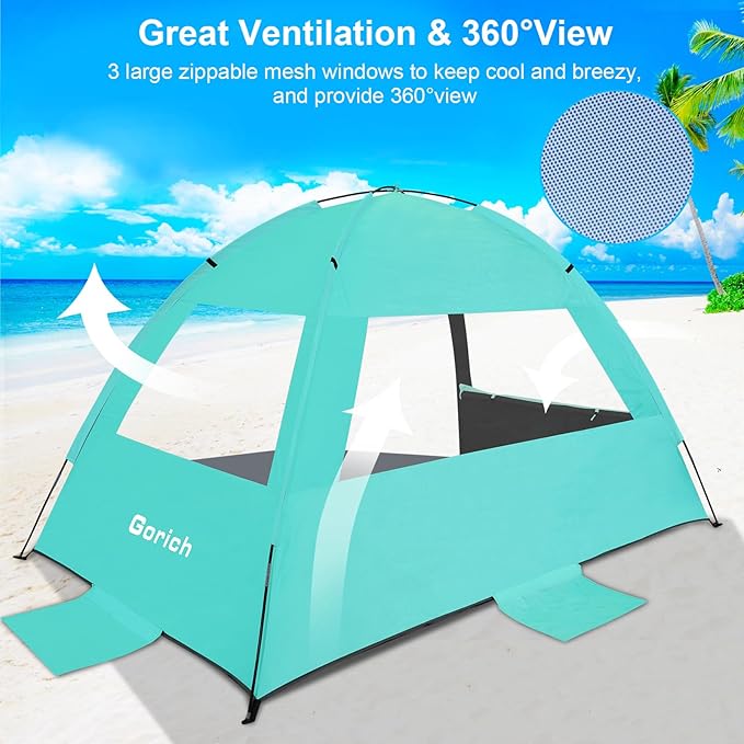 Gorich Beach Tent Sun Shelter for 3/4-5/6-7/8-10 Person with UPF 50ï¼?UV Protection, Lightweight & Easy Setup Beach Shade Canopy, Portable Beach Shade Tent Beach Cabana
