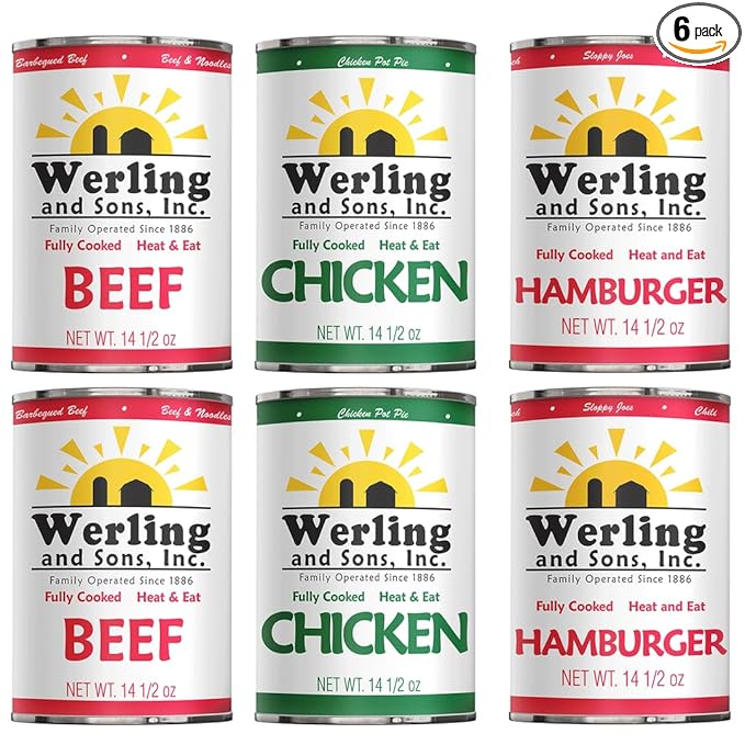 Werling & Sons Canned Meat Variety Pack 14.5 oz – Fully Cooked & Ready to Eat | 2 Hamburger, 2 Chicken, 2 Beef | Shelf-Stable Emergency Canned Food for Pantry Staples, Long-Term Storage, Camping & Quick Meals | Pack of 6