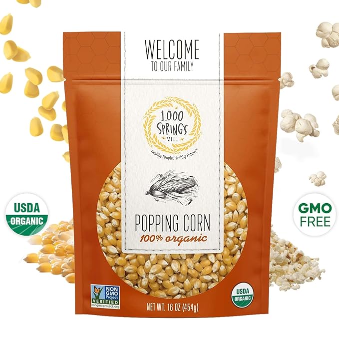 1000 Springs Mill Organic Dry Popcorn Kernels - Non-GMO, Healthy Snack for Microwave or Stovetop - Bulk Organic Popcorn Kernels with Resealable Bag - Enjoy Fresh & Crisp Popcorn - 16oz (Pack of 1)
