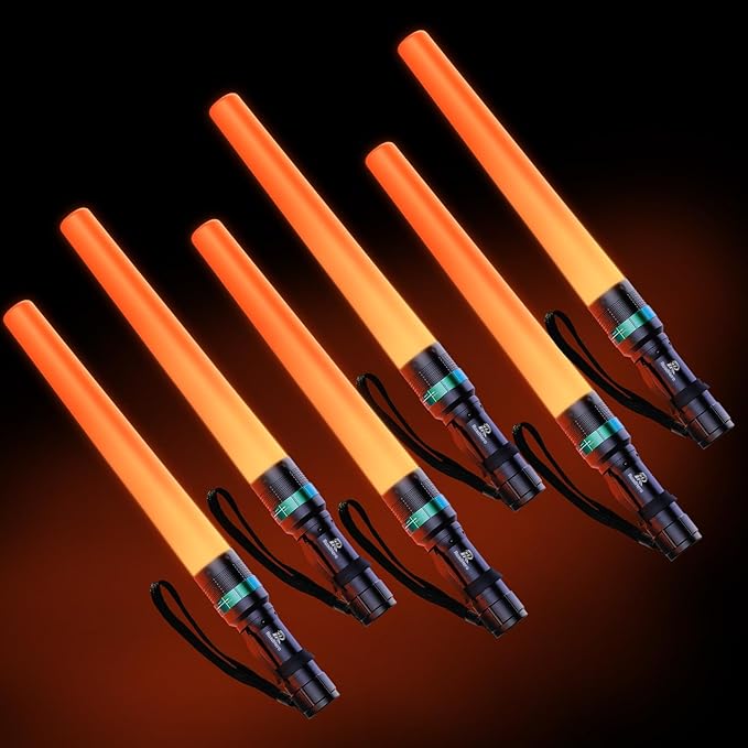 RoadHero 6 Pieces 16 Inch Traffic Wand with Strobe Modes LED Safety Signal Flashlight Wand with Wrist Strap and Side Clip for Traffic Control, Parking, Using 3 AAA Batteries, Batteries Not Included