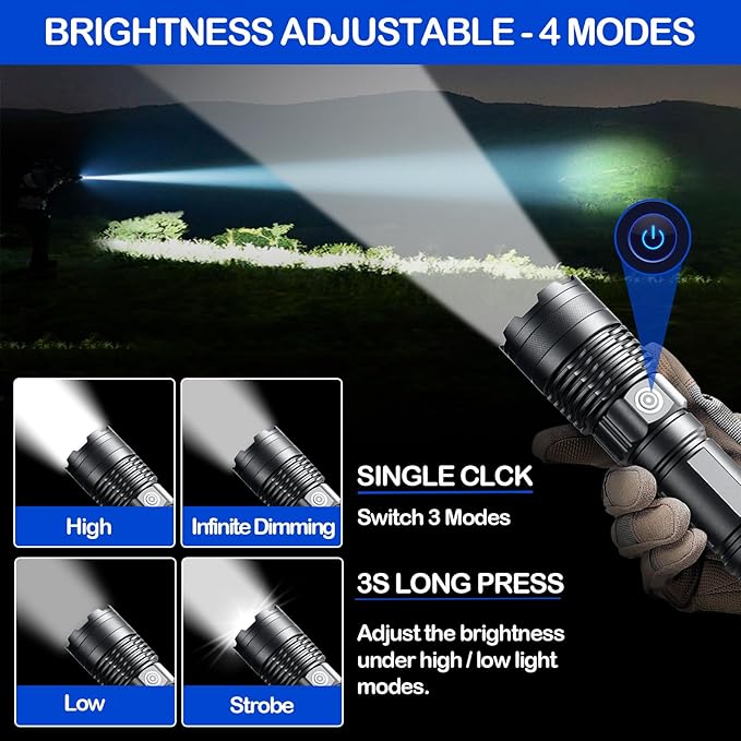 Rechargeable Flashlights High Lumens, 1 Pack Super Bright Tactical Flashlight With Adjustable Lighting Modes, Zoomable Handheld Led Flash Light For Camping Emergency Home Gift (Battery Included)