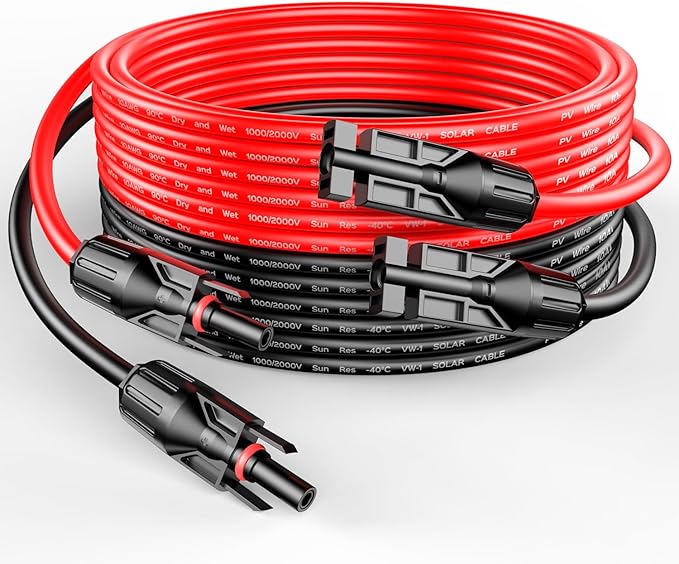 RICH SOLAR 10 Gauge 10AWG One Pair 15 Feet Red + 15 Feet Black Solar Panel Extension Cable Wire with Female and Male Connectors (15FT 10AWG)