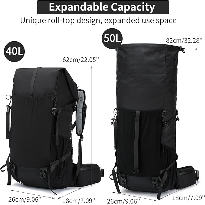 Hiking Backpack,40L to 50L Extra Large Capacity Hiking Bag,Internal Frame Camping Backpack,Upgraded X-PAC Lightweight Sport Daypack Travel Backpack Fit For Mountain Climbing Camping(Black)