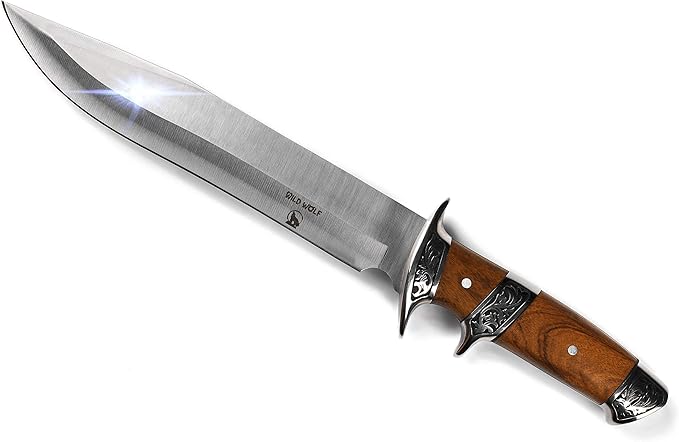 Wild Wolf X42 Survival Camping Fishing Fixed Semi-Full Tang Blade Hunting Knife with Rosewood Handle and Leather Sheath