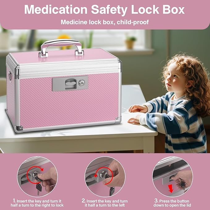 Medicine Lock Box for Safe Medication - 13.4 x 7.6 x 8.2 Inches - Lockable Storage Box for Drugs, First Aid Kit Empty, Lock Boxes with Key for Home/Outdoor (Pink/Large)