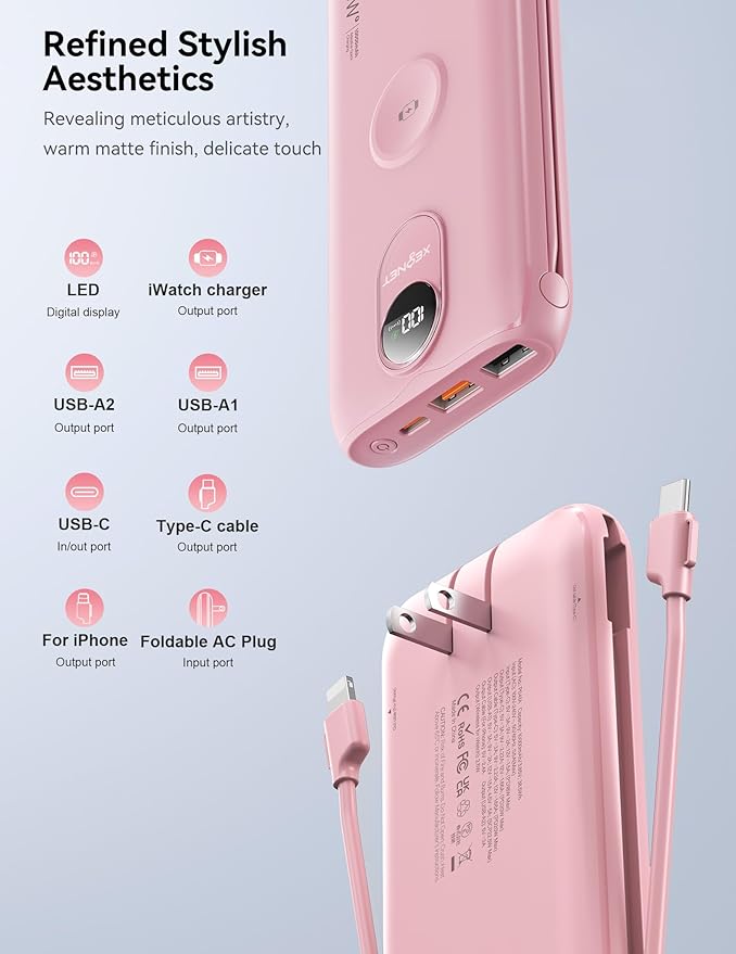 Portable Charger, 10000mAh 22.5W USB C Power Bank Built in Cables, AC Wall Plug and Led Display, External Battery Pack Fast Charging, Travel Essentials for iPhone, Android Cell Phone, Tablet, iWatch