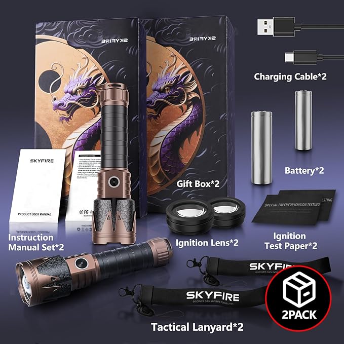 SKYFIRE Rechargeable Flashlights High Lumens 2 Pack with Ignition Lens,3000lm Mini Bright Tactical Torch with 6 Modes Waterproof Zoomable LED Flash Light for Camping Essentials Outdoor Home Emergency