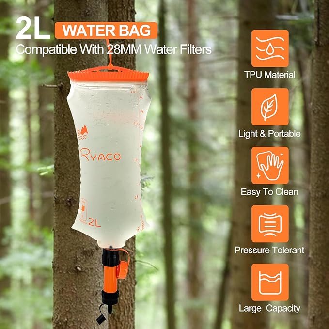 Ryaco Water Bag 2L Compatible with Sawyer Squeeze Water Filter, Outdoor Water Container, Water Filter Bag with Durable TPU Material Collapsible Hydration Canteens for Camping Hiking Cycling Fishing
