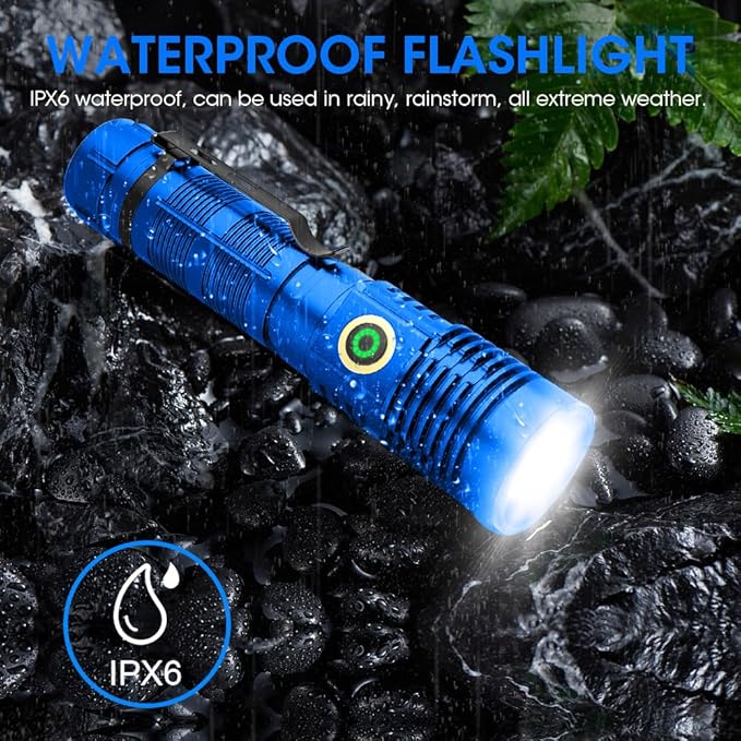 Rechargeable Flashlight High Lumens, High Lumens Super Bright Flash Light, Long-Range Zoomable LED Flashlights for Emergency, EDC, Searching, Waterproof Flashlight Dimmable Blue Pcs