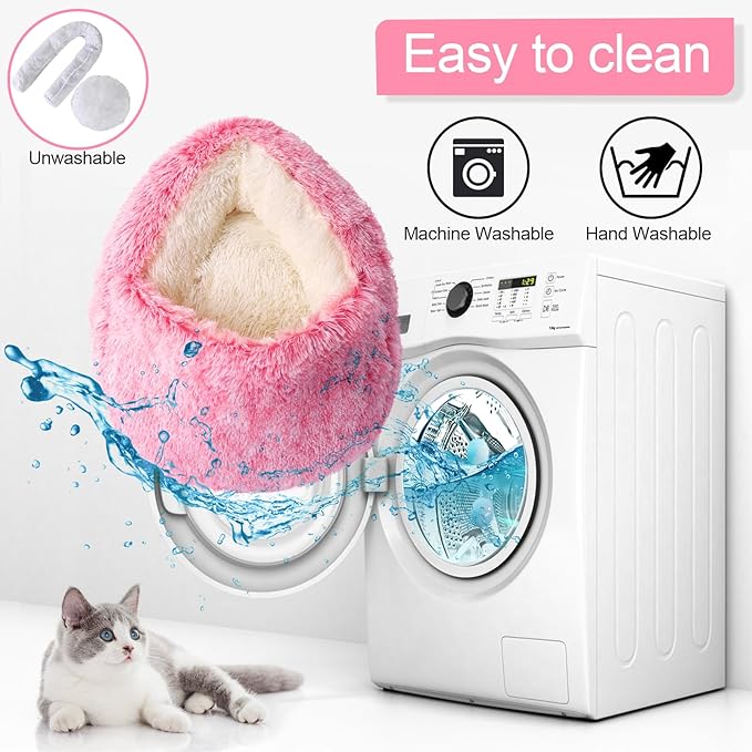Calming Dog Beds & Cat Cave Bed with Hooded Cover,Removable Washable Round Beds for Small Medium Pets,Anti-Slip Faux Fur Fluffy Coved Bed for Improved Sleep,Fits up to 15/25 lbs(Pink,S)