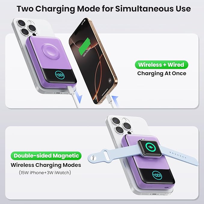 Magnetic Portable Charger for iPhone, 3-in-1 10800mAh Qi2 15W Wireless Power Bank with iWatch Charger,30W PD Fast Charging USB-C LCD Display Battery Pack for Magsafe,iPhone 17/16/15/14/13, Apple Watch