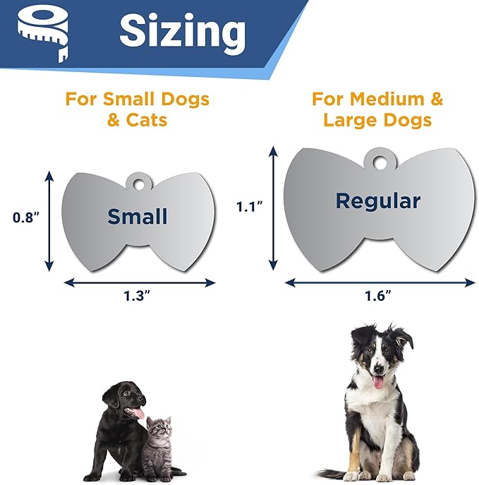 GoTags Stainless Steel Pet ID Tags, Personalized Dog Tags and Cat Tags, up to 8 Lines of Custom Text, Engraved on Both Sides, in Bone, Round, Heart, Bowtie and More (Bow Tie, Small (Pack of 1))