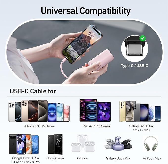 iWALK Mini Portable Charger 10,000mAh, 22.5W USB-C Fast Charging Power Bank with Built-in Cable, Travel Essential Ultra-Small Battery Pack Compatible for iPhone 17/16/16 Pro/15, Samsung, Google, Pink