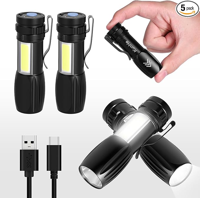 KunHe 5 Pack Small Rechargeable Flashlight Mini Led Flashlight Bright Clip-On Light EDC Flash Light with Side Cob Light for Camping Home Emergency