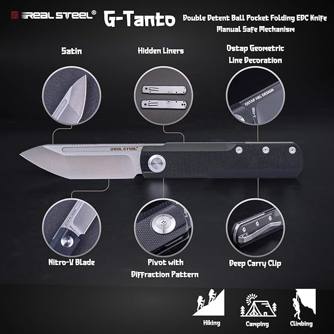 REALSTEEL G-Tanto Pocket Knife,Folding Knives,2.6" Nitro-V Blade,Double Detent Ball Slipjoint EDC,G10 Handle,2.2oz,Clip,Gift for Men Women Outdoor Indoor Daily Use Camping Hiking(Black Satin)