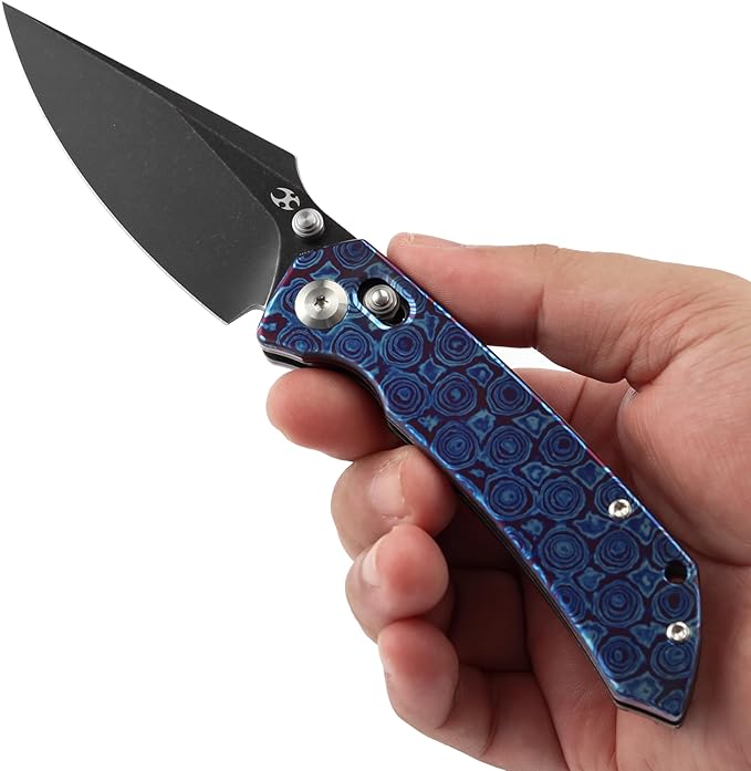 KANSEPT Fenrir Pocket Knife, 3.48'' Black Stonewashed CPM S35VN Harpoon Sharp Blade, Timascus Handle with Crossbar Lock, Thumb Stud Pocket Clip for Edc, Camping Survival Hiking Folding Knives K1034V6