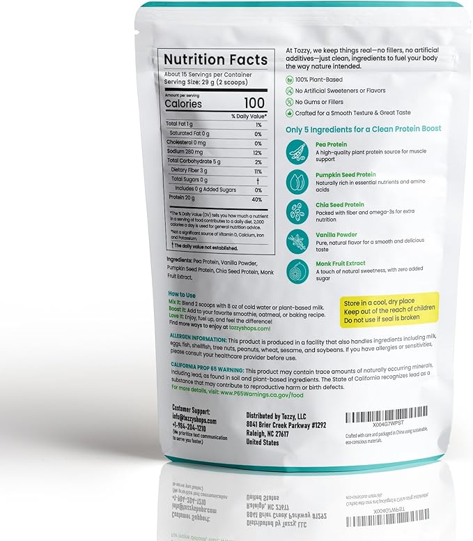 TOZZY Plant Protein ??Vanilla | Only 5 Simple Ingredients | 20g Protein, 0g Sugar | Vegan Pea Protein