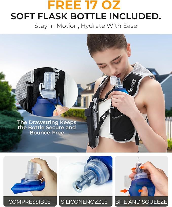 Running Vest for Women Men, Lightweight Hydration Runner Vest with Transparent Waterproof Phone Pocket, 17oz Soft Flask, Adjustable Chest Straps Reflective Backpack for Hiking Cycling Jogging