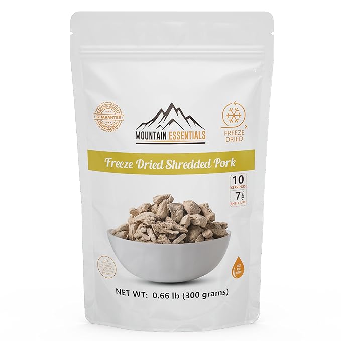 MOUNTAIN ESSENTIALS Freeze-Dried Shredded Pork ??Fully Cooked, Ready-to-Eat Meat | 10 Servings per Pouch | 7-Year Shelf Life | Ideal for Daily Meals, Camping, Emergency Preparedness & Survival | Made in USA | Pack of 1
