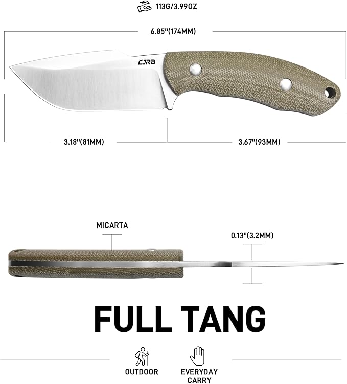 CJRB Mutt Fixed Blade Knife with Sheath, 3.18" AR-RPM9 Steel Blade with Micarta Handle Camping Hiking Survival Knife for Men Women, J1958 Green