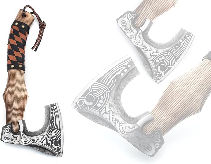 13??Inch Valhalla Axe ??Carbon Steel Viking Axe Head with Engraved Handle, Hatchet Axe with Genuine Leather Sheath and Wrap, Camping Axe, Throwing Axe -Viking Gift for Men