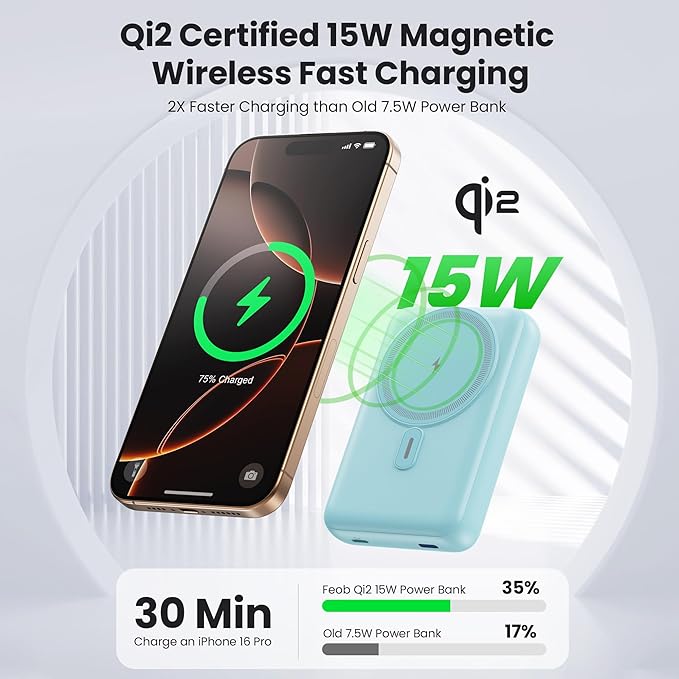 Magnetic Portable Charger for iPhone, 3-in-1 10800mAh Qi2 15W Wireless Power Bank with iWatch Charger,30W PD Fast Charging USB-C LCD Display Battery Pack for Magsafe,iPhone 17/16/15/14/13, Apple Watch