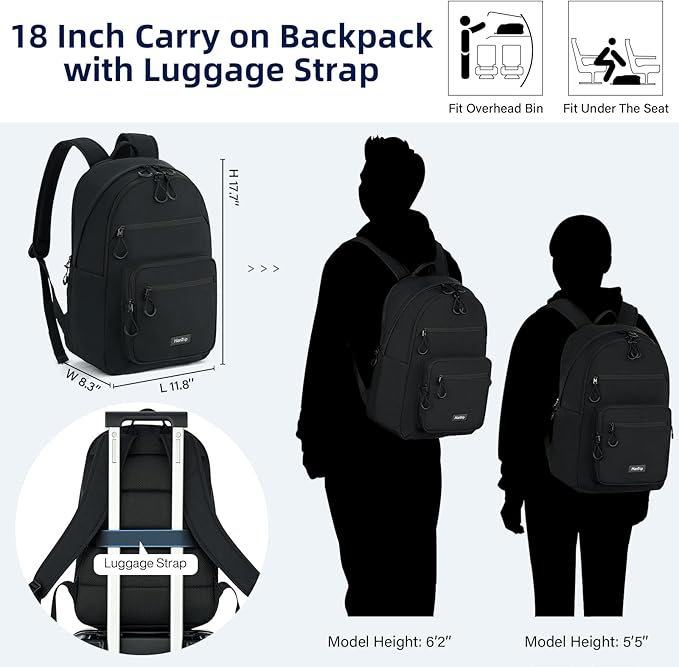 Carry On Travel Backpack For Women, 18 Inch Water Resistant Large Backpack Lightweight Bookbag For Men, 8x14x18 Personal Item Bag Casual Daypack Backpacks For Work Office Commuter (Black)