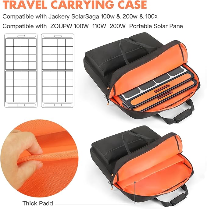 Padded Solar Panel Carrying Case Compatible with Jackery SolarSaga 100W 100X 200W,Travel Solar Panel Storage Bag for 2 Battery Panels Fits for ZOUPW 100W 110w 200w with Multi-Pockets & Shoulder Strap