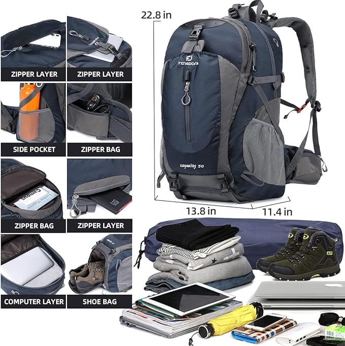 FENGDONG 50L Waterproof Lightweight Expandable Hiking,Camping,Travel Backpack with Shoes Compartment for Men Women Blue