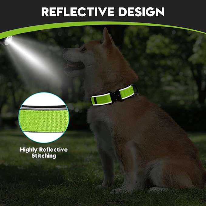 Dog Collar for Small Medium Large Dogs, Reflective, Adjustable Heavy Duty Dog Collar, Soft Neoprene Padded Comfortable for Walking (Green, XL)