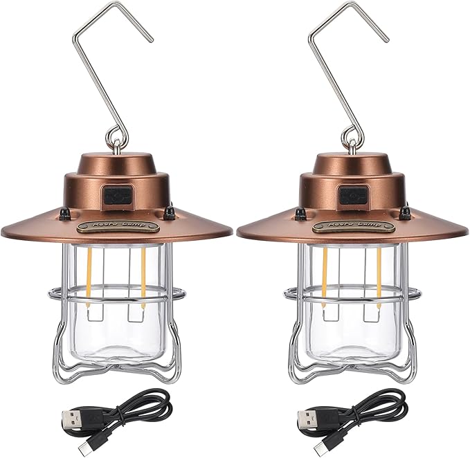 PATIKIL LED Camping Lantern, 2 Pack Vintage Rechargeable Lantern 3 Light Modes Portable Hanging Outdoor Tent Light for Camping, Hiking, Fishing, Bronze Tone 3.66 Inch