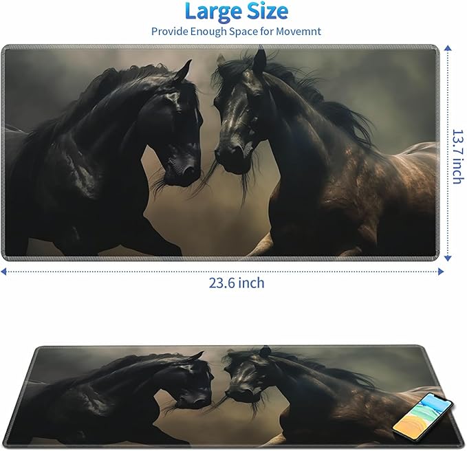 Playmat for MTG, 24 x 14 inches Game Play Mat for MTG TCG and Other Card Games, Trading Card Game Play Mat Desk Mats with Stitched Edges Non-Slip Base, Two Horses