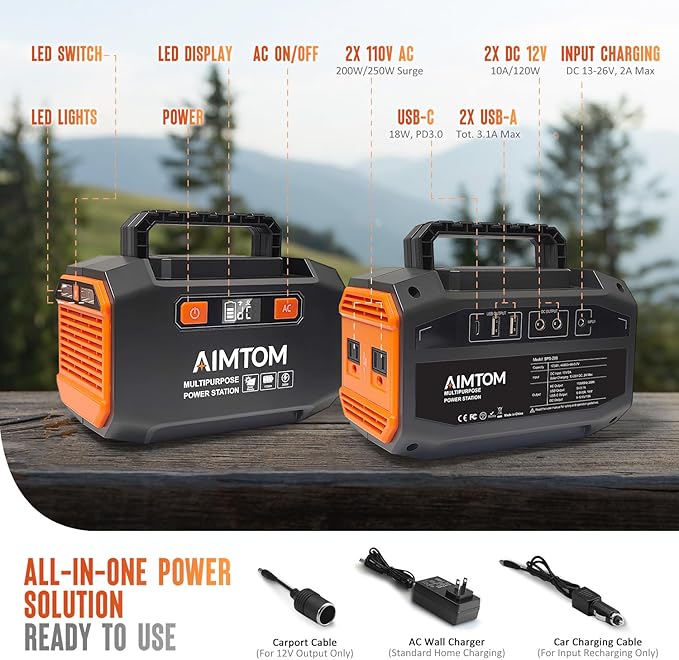 AIMTOM Portable Power Station 173Wh Lithium Battery, 200W AC Outlet (250W Surge), 18W USB-C, 2x USB-A, 2x 12V DC Outputs, LED Flashlight ??Ideal for Camping, Travel, Emergency Backup, RV, Home Use