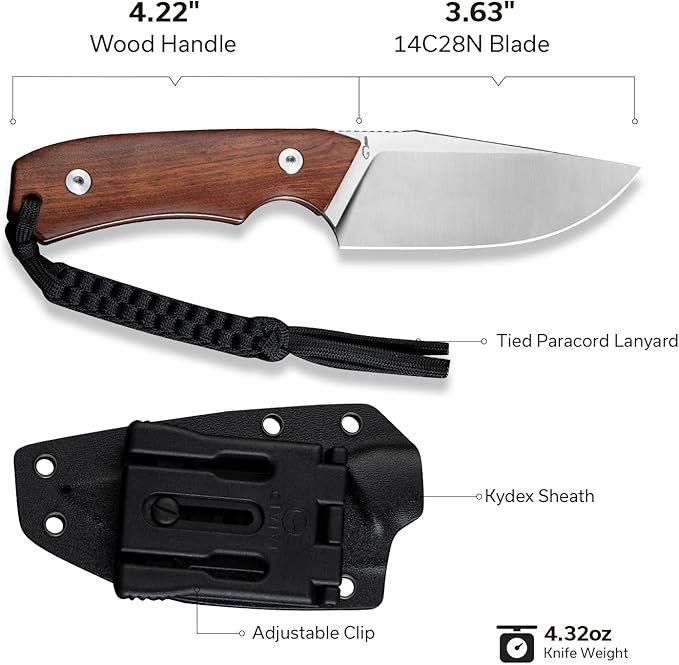CIVIVI Gander Fixed Blade Knife with Kydex Sheath, 3.63" 14C28N Blade Full Tang Knife Guibourtia Wood Handle, Designed By Matt Gentry for Hunting Camping EDC C24058B-3