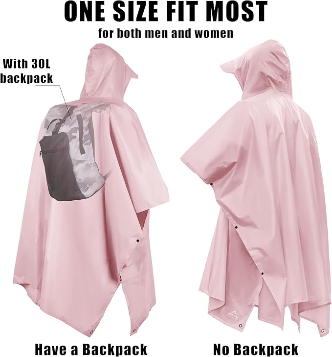 Coralrain Hooded Rain Poncho Lightweight Waterproof Unisex Raincoat Jacket with Pocket for Men Women Adult