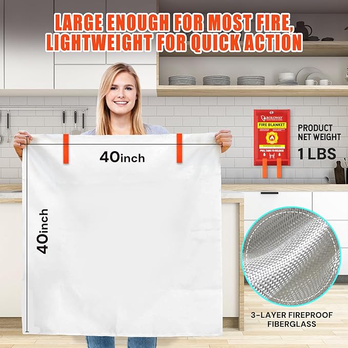 ROLOWAY Emergency Fire Blanket for Home and Kitchen, Fire Suppression Blanket (40 x 40 Inch) with Hooks, Gloves and Whistle for Home Safety (2 Pack)