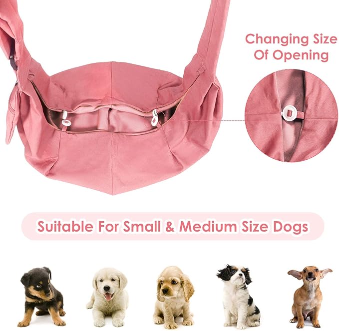 SlowTon Dog Carrier Sling - Thick Padded Shoulder Strap Adjustable Dog Carriers for Small Dogs, Puppy Carrier Purse for Pet Cat with Front Zipper Pocket Safety Belt Machine Washable (Pink M)