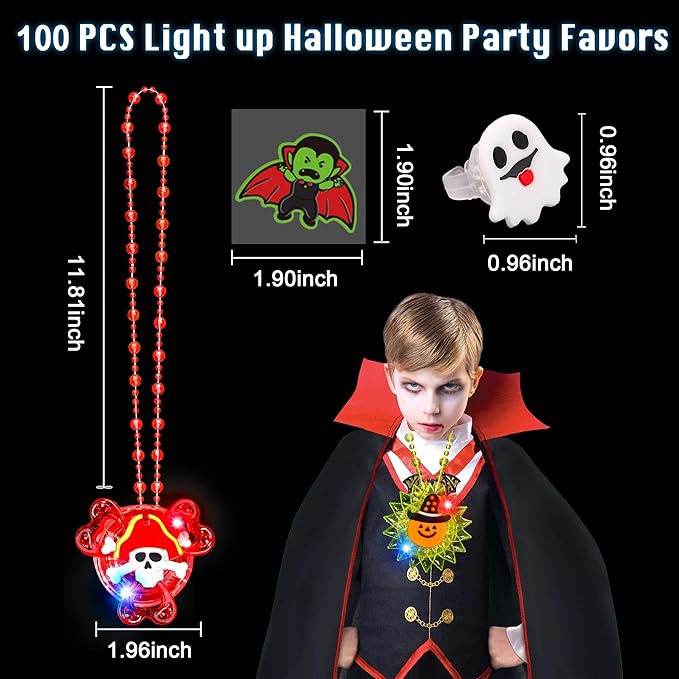 100PCS Halloween Party Favors for Kids Boys Girls, Glow LED Halloween Toys Bulk Light Up Necklace Rings Goodie Bag Fillers Stuffers Halloween Treats Non Candy Classroom Prizes Trick or Treat