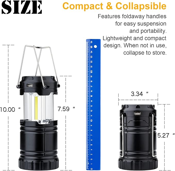 Solar USB Rechargeable COB LED 3 AA Power Camping Lantern with Magnetic Base, Charging for Android, Waterproof Collapsible Emergency LED Light(2 Pack)