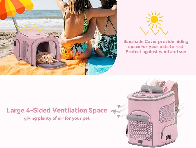 PETSFIT Pet Carrier Backpack with Upgraded Waist Protection, Cat Carrier Backpack Designed for Small Dogs/Cats, Fully Ventilated Collapsible Dog Backpack for Outdoor Traveling Hiking Camping, Pink