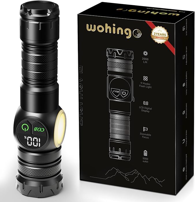 Flashlight Rechargeable 2000 High Lumens Ultra-Bright Covers 3200 ft² Focus Up to 3900 feet,IPX7 Waterproof Tactical LED Flashlight with COB SideLight & Magnetic Base for Camping Home Emergency