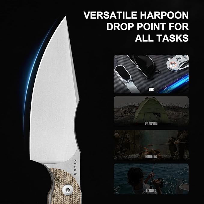 Kizer Mini Harpoon Fixed Blade Knife with Sheath, AEB-L Blade Hunting Knife with Micarta Handle, Camping Fixed Blade Small EDC knives for Hiking, Survival 1040S7
