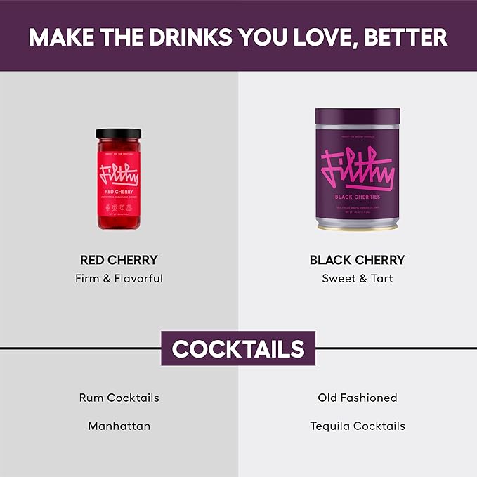 Filthy Cocktail Amarena Black Cherries, Premium Cocktail Garnish, All Natural Wild Italian Amarena Black Cherry, Non-GMO, Gluten Free, Vegan, Slow-Cooked, 45 Oz Tin, 170 Cherries