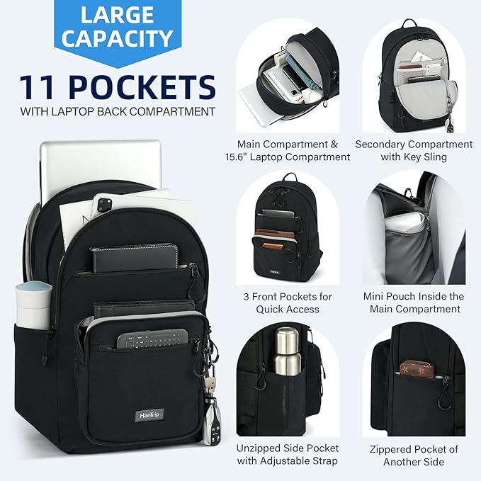 Carry On Travel Backpack For Women, 18 Inch Water Resistant Large Backpack Lightweight Bookbag For Men, 8x14x18 Personal Item Bag Casual Daypack Backpacks For Work Office Commuter (Black)