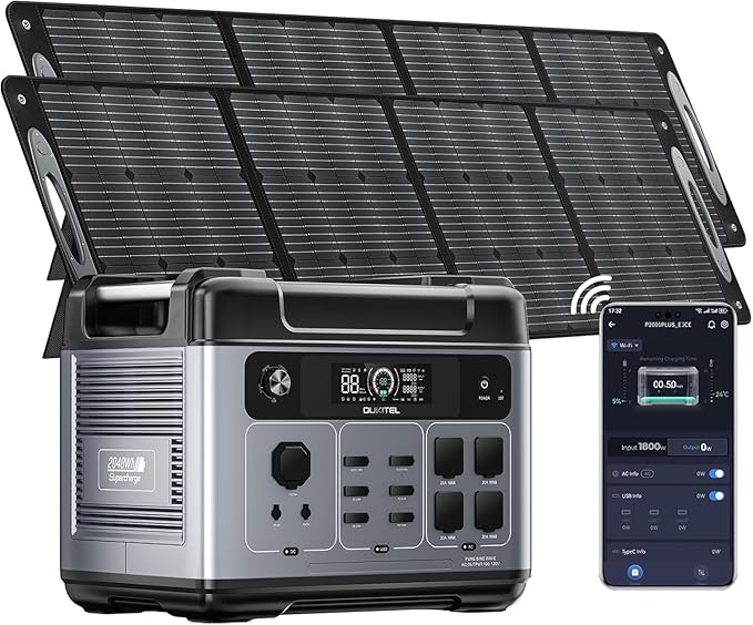 OUKITEL P2001 PLUS 2400W Power Station with 2x200W Solar Panel, 2048Wh Solar Generator(Peak 5000W) 1.5Hrs Fast Charging APP Control Emergency LiFePO4 Battery for Home Backup Camping RVs