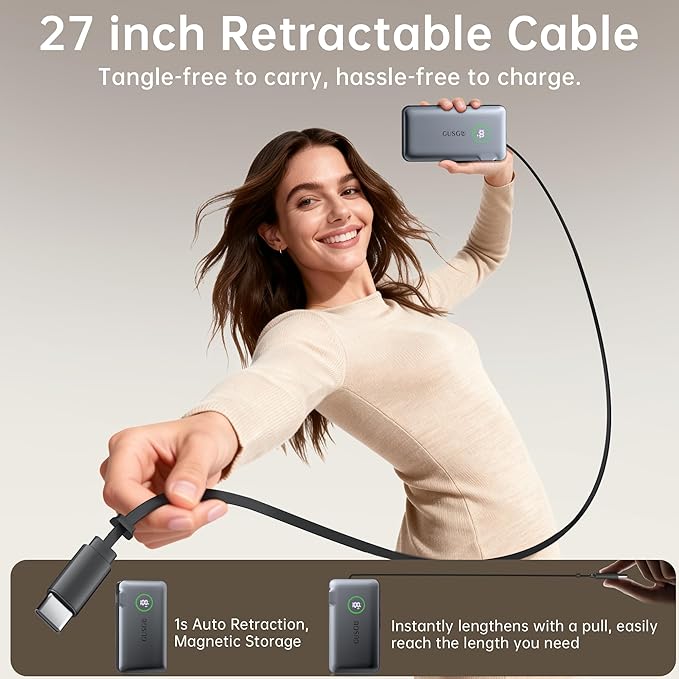 GUSGU X3 10,000mAh Power Bank with Foldable Plug, Built-in Type-C Cable & USB-C/USB-A Ports, 35W PD Max Fast Charger for MacBook Air/Pro, iPhone 16/15, Galaxy S23, Compact and Travel-Friendly
