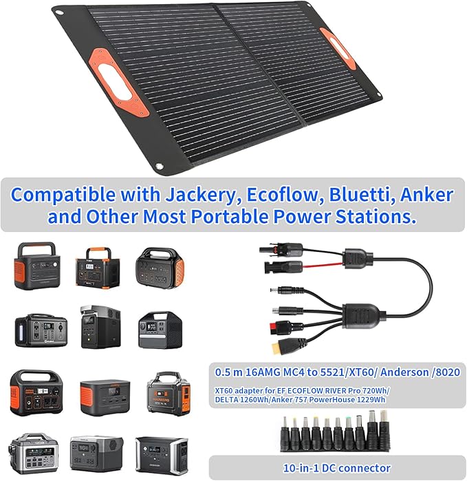 100W Portable Solar Panel for Power Station, Compatible with Jackery, Ecoflow, Bluetti, Anker and More Portable Power Stations, Weatherproof for Camping, RV, Emergency Power (100W)
