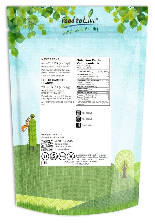 Food to Live Navy Beans, 6 Pounds Raw, Dried, Vegan, Kosher, Whole Small White Kidney Beans in Bulk, Good Source of Protein, Fiber, Folate, and Copper. Low Sodium. Great for Cooking and Soups