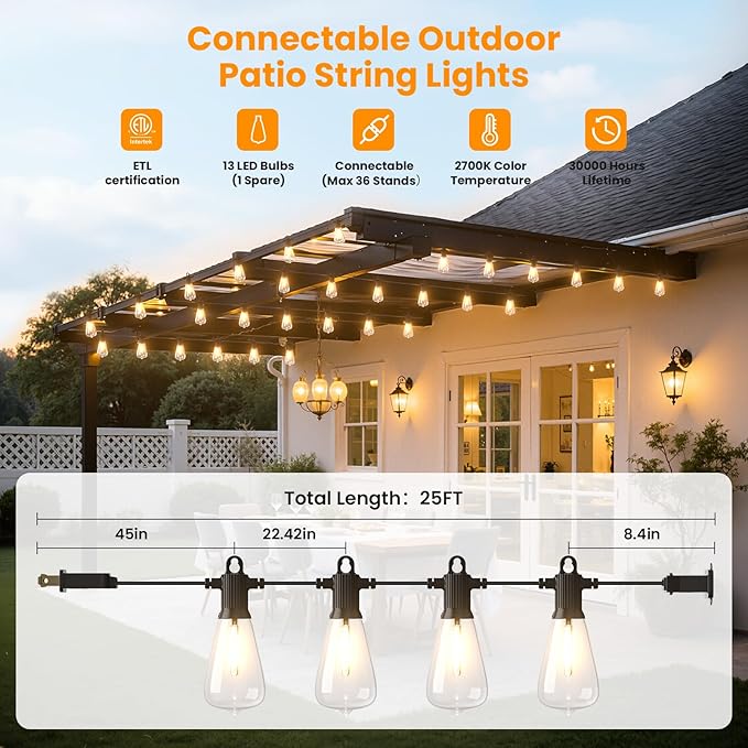 ZOTOYI Outoor String Lights, 25FT Waterproof Patio Lights with 13 (1 Spare) LED ST38 Vintage Edison Shatterproof Bulbs Outside Hanging Light for Backyard, Cafe, Porch, Gazebo Dimmable 2700K