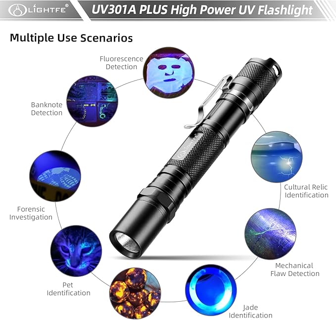 LIGHTFE Blacklight 395nm UV Flashlight UV301A-Plus with SSC UV LED, Pure Beam for UV Glue Curing Light, Rock and Mineral Fluorescent Glowing, Pet Urine Detector Light, AC Leak Detector